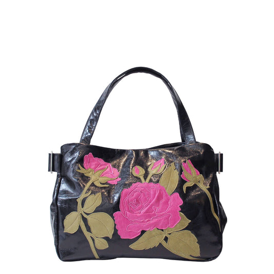 Tanza Handbag - Black - Magenta Rose Garden